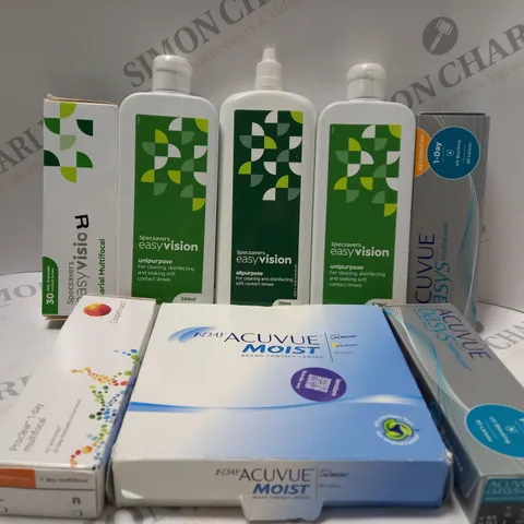 BOX OF APPROX 25 ASSORTED CONTACT LENSES AND CONTACT LENSE SOLUTIONS