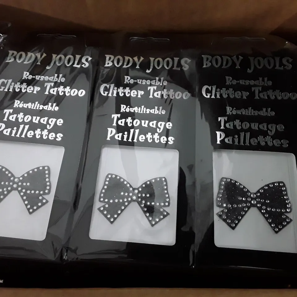 LOT OF APPROXIMATELY 200 PACKS OF BODY JOOLS BOW REUSABLE GLITTER TATTOOS 