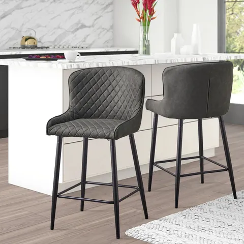 BOXED DUNDAS SET OF TWO GREY FAUX LEATHER BARSTOOLS (1 BOX)