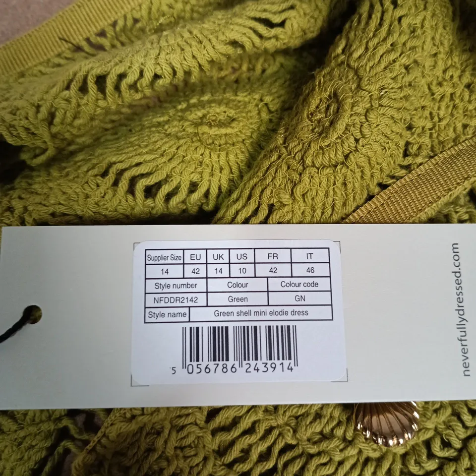 NEVER FULLY DRESSED GREEN SHELL MINI ELODIE DRESS – UK 14