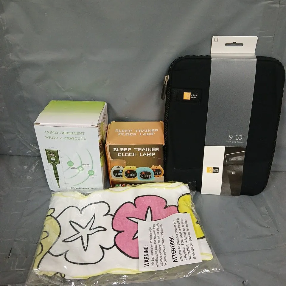 BOX OF APPROXIMATELY 15 ASSORTED ITEMS TO INCLUDE -  SLEEP TRAINER CLOCK LAMP , ANIMAL ULTRASONIC REPELENT ETC