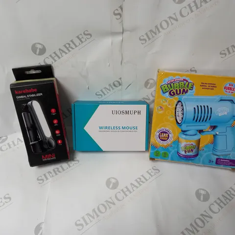 APPROXIMATELY 20 ASSORTED ITEMS TO INCLUDE TOY BUBBLE GUN, WIRELESS MOUSE, GIMBAL STABILISER ETC.