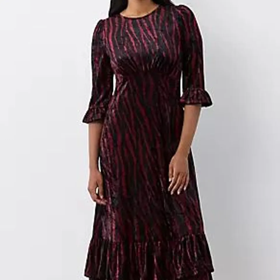 FINERY LONDON ROSALINE VELVET PRINTED MIDI DRESS BURGUNDY ZEBRA SIZE 16