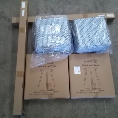 PALLET OF ASSORTED ITEMS INCLUDING METAL END TABLE, TELESCOPIC TENSION ROD, EXTRA LARGE SEWING BASKET