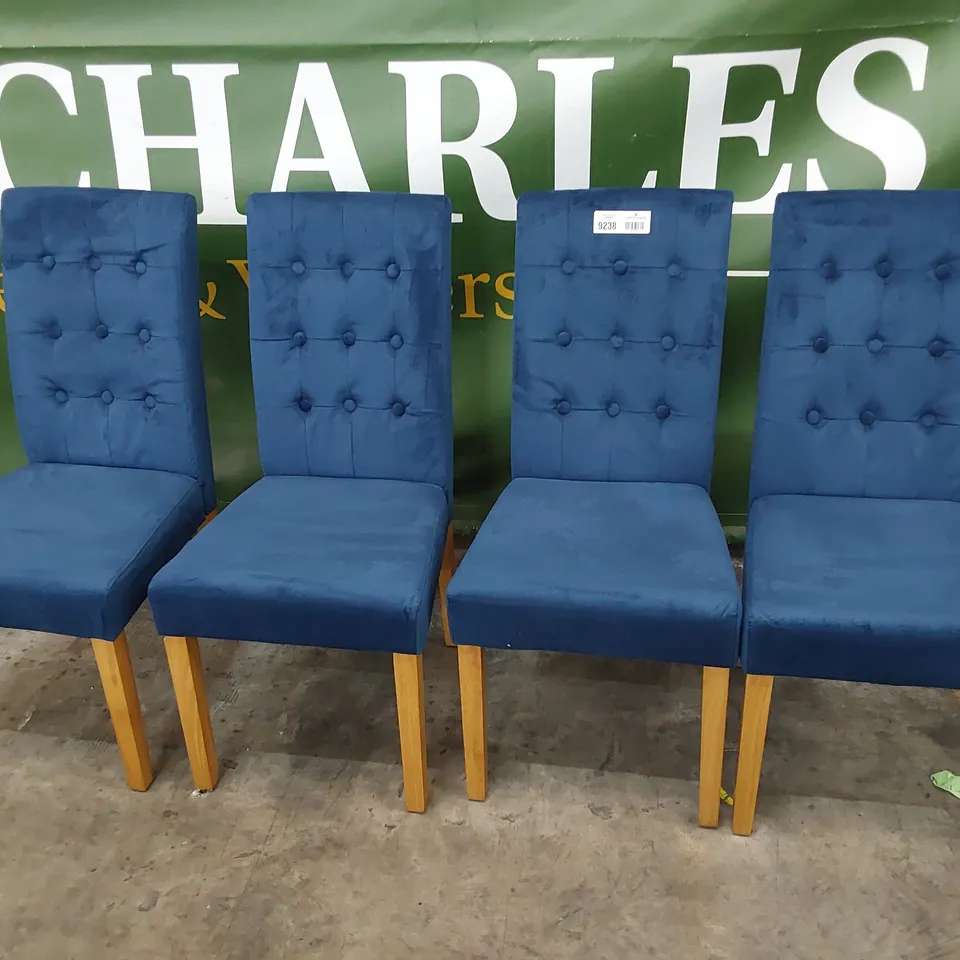 SET OF FOUR BUTTONED BACK UPHOLSTERED DINING CHAIRS PLUSH BLUE FABRIC ON NATURAL WOOD LEGS