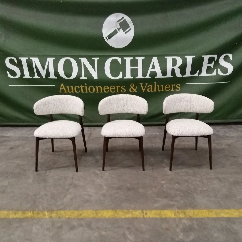 SET OF 3 QUALITY DESIGNER BOUCLE FABRIC AND DARK WOOD DINING CHAIRS