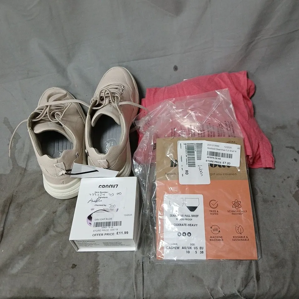 BOX OF APPROXIMATELY 15 ASSORTED HOUSEHOLD ITEMS TO INCLUDE TRAINERS, EARPHONES, PERIOD PROOF BRIEF, CLOTHING ETC