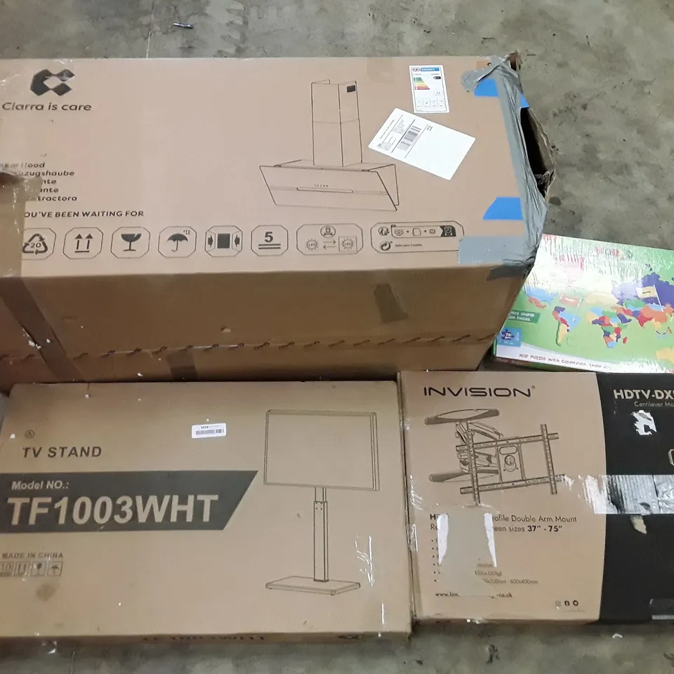 PALLET OF ASSORTED PRODUCTS INCLUDING COOKER HOOD, TV STAND, MAPOLOGY WORLD MAP, DOUBLE ARM WALL MOUNT 