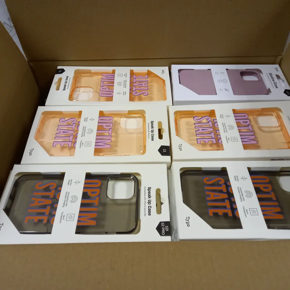 BOX OF APPROXIMATELY 50 TYPO PHONES CASES ('SLIMLINE CASE' & 'SPEAK UP CASE') FOR IPHONE 11, 12 MINI, 12/12PRO IN VARYING COLOURS