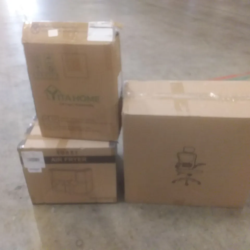 PALLET OF ASSORTED HOUSEHOLD PRODUCTS AND ITEMS, INCLUDING; AIR FRYER, AIR COOLER, OFFICE CHAIR, CAT CAGE, BED FRAME ETC