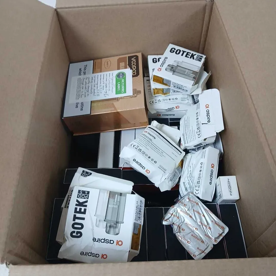 BOX OF APPROXIMATELY 35 ASSORTED E-CIGARETTES AND COMPONENTS TO INCLUDE:  VOOPOO DRAG X2 DEVICE KIT 