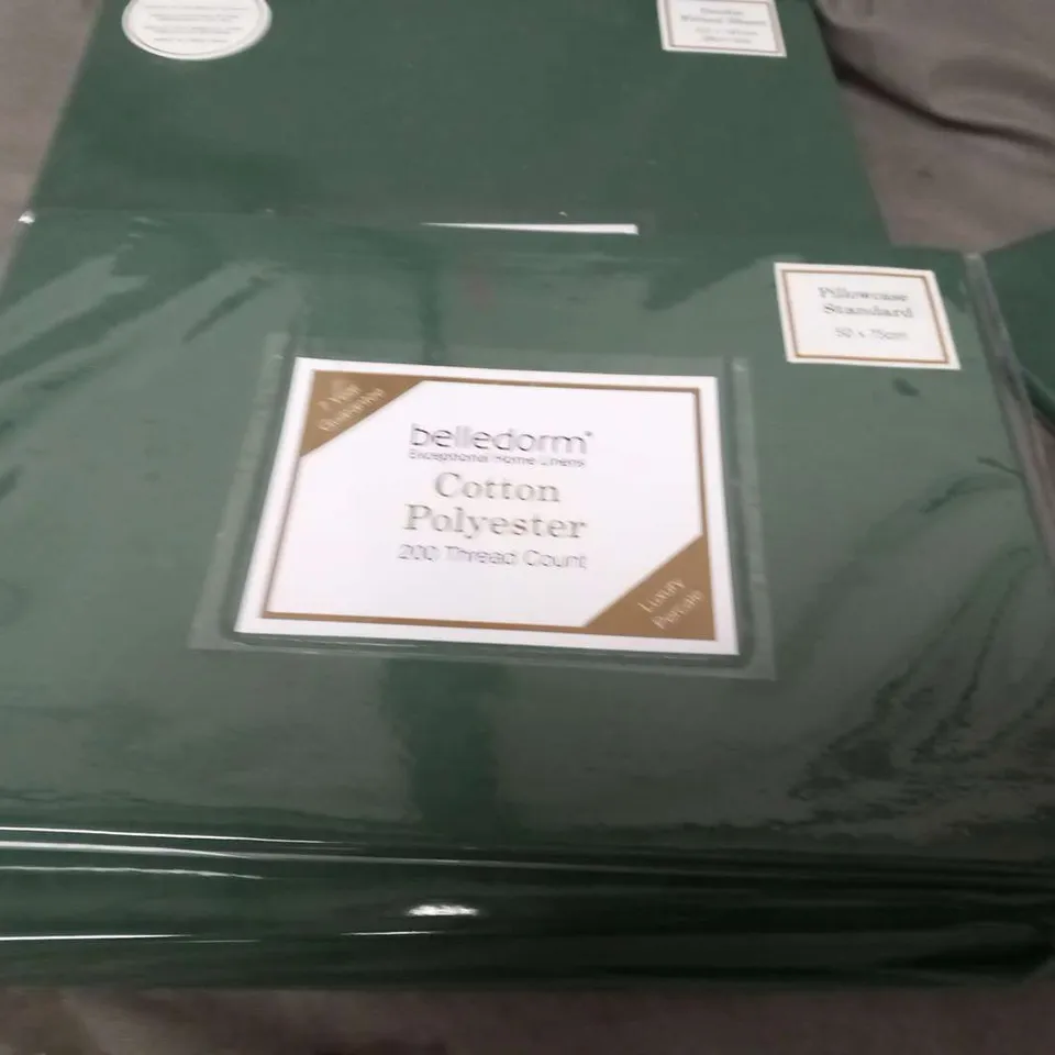 DOUBLE BED FULL BEDDING SET; THE LYNDON COMPANY TLC PALM DOUBLE DUVET SET GREEN, BELLEDORM DOUBLE FITTED SHEET, 2 BELLEDORM PILLOWCASES STANDARD AND CHRISTY ANTI ALLERGY MICROFIBRE PILLOW PROTECTOR PA