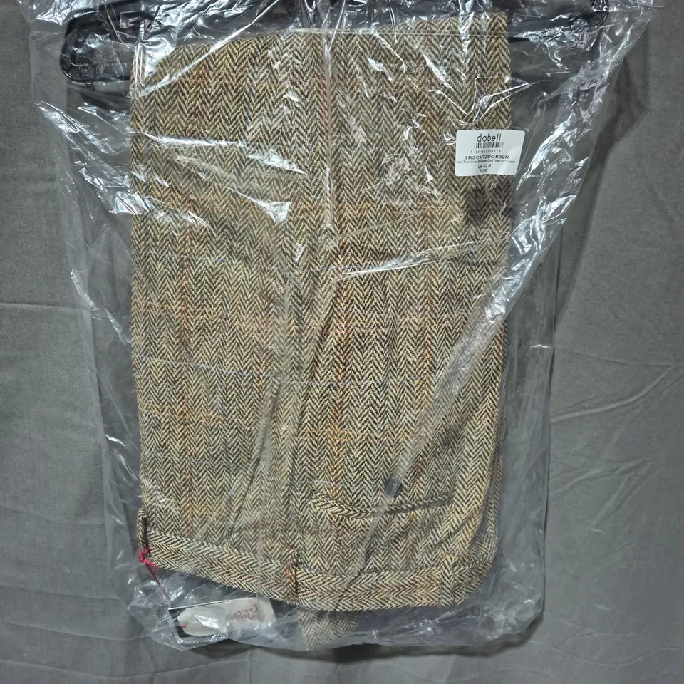 BAGGED HARRIS TWEED WINDOWPANE CHECK SUIT TROUSERS IN BROWN SIZE 32R