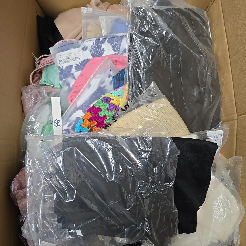 LARGE BOX OF APPROXIMATELY 24 ASSORTED CLOTHING ITEMS IN VARIOUS STYLES, COLOURS AND SIZES - COLLECTION ONLY