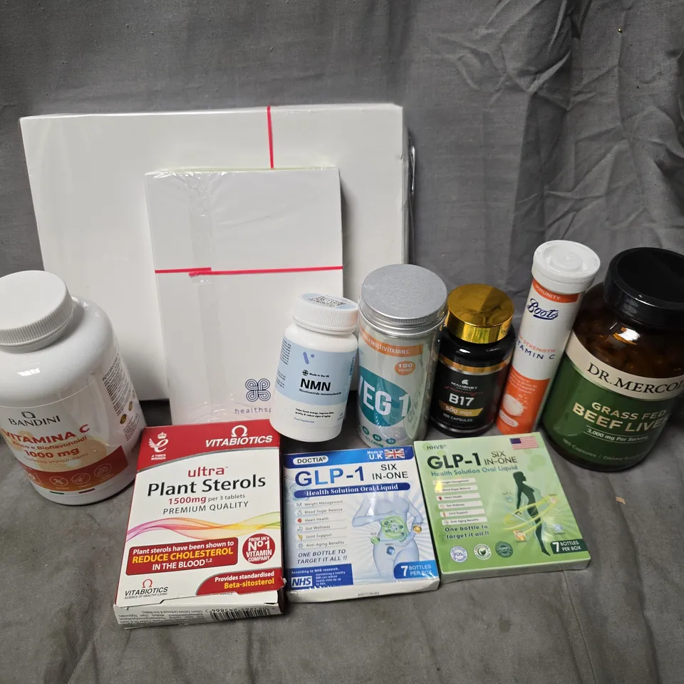 APPROXIMATELY 20 ASSORTED VITAMIN/HEALTH AID PRODUCTS TO INCLUDE ULTRA PLANT STEROLS, GRASS FED BEEF LIVER CAPSULES, BANDINI VITAMIN C, ETC - COLLECTION ONLY