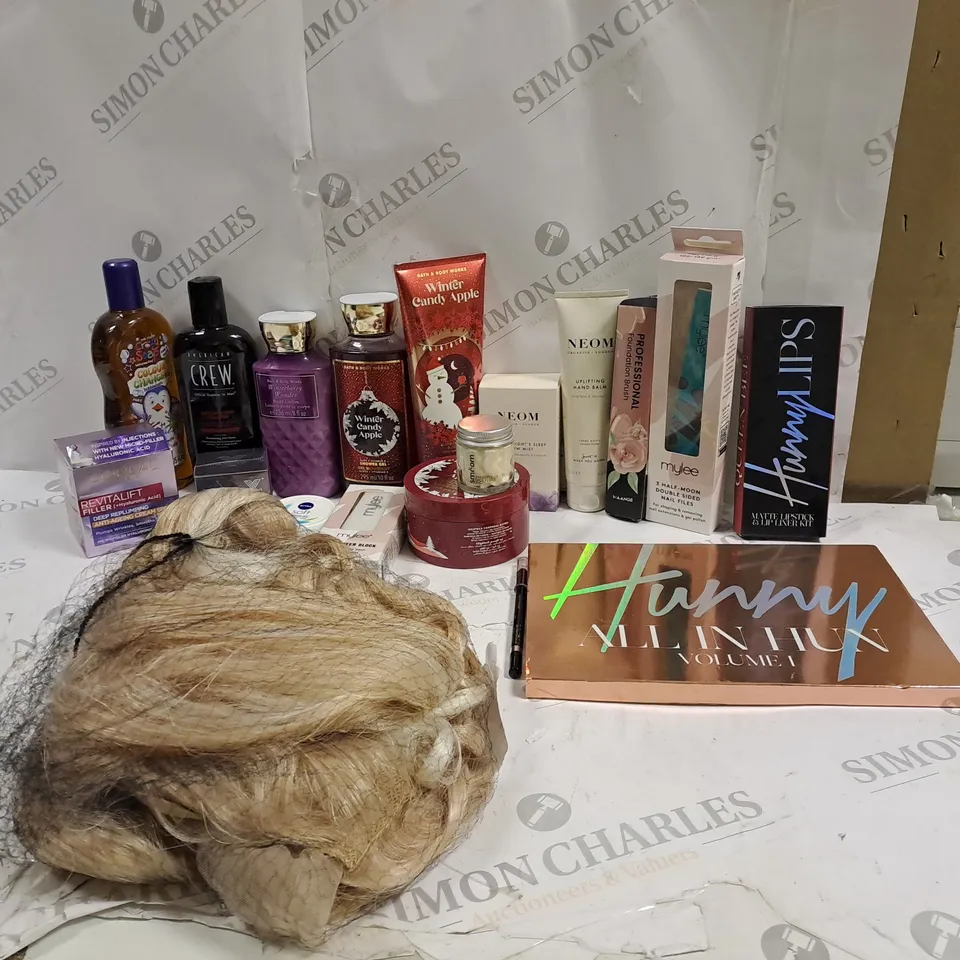 BOX OF 20 ASSORTED ITEMS TO INCLUDE MAKEUP, WIG, SHAMPOO ETC