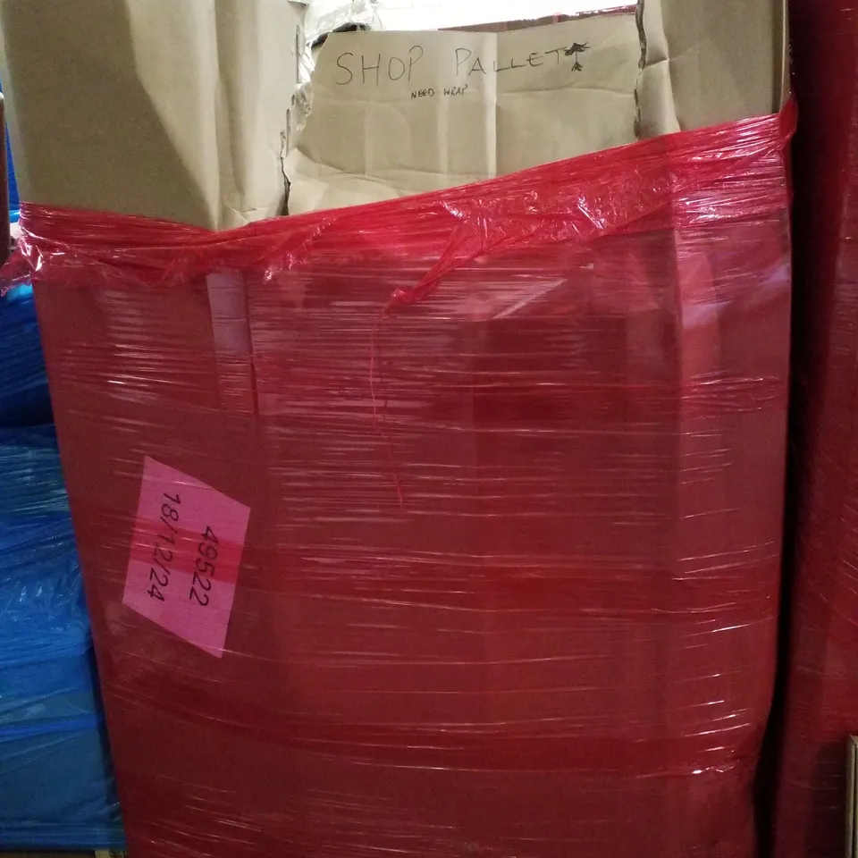 PALLET CONTAINING ASSORTED PRODUCTS TO INCLUDE CHRISTMAS TREE STAND, COLOURED CREPEPAPER, WEIGHTED BLANKET, DOOR MAT