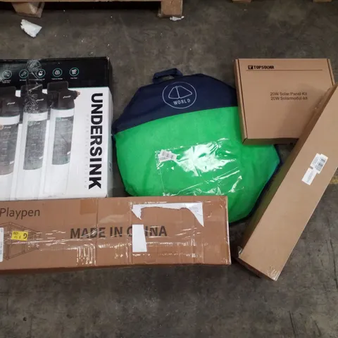 PALLET CONTAINING ASSORTED PRODUCTS INCLUDING POP UP TENT, UNDERSINK WATER FILTER SYSTEM, PLAYPEN, SOLAR PANEL KIT, STAR CHRISTMAS TREE
