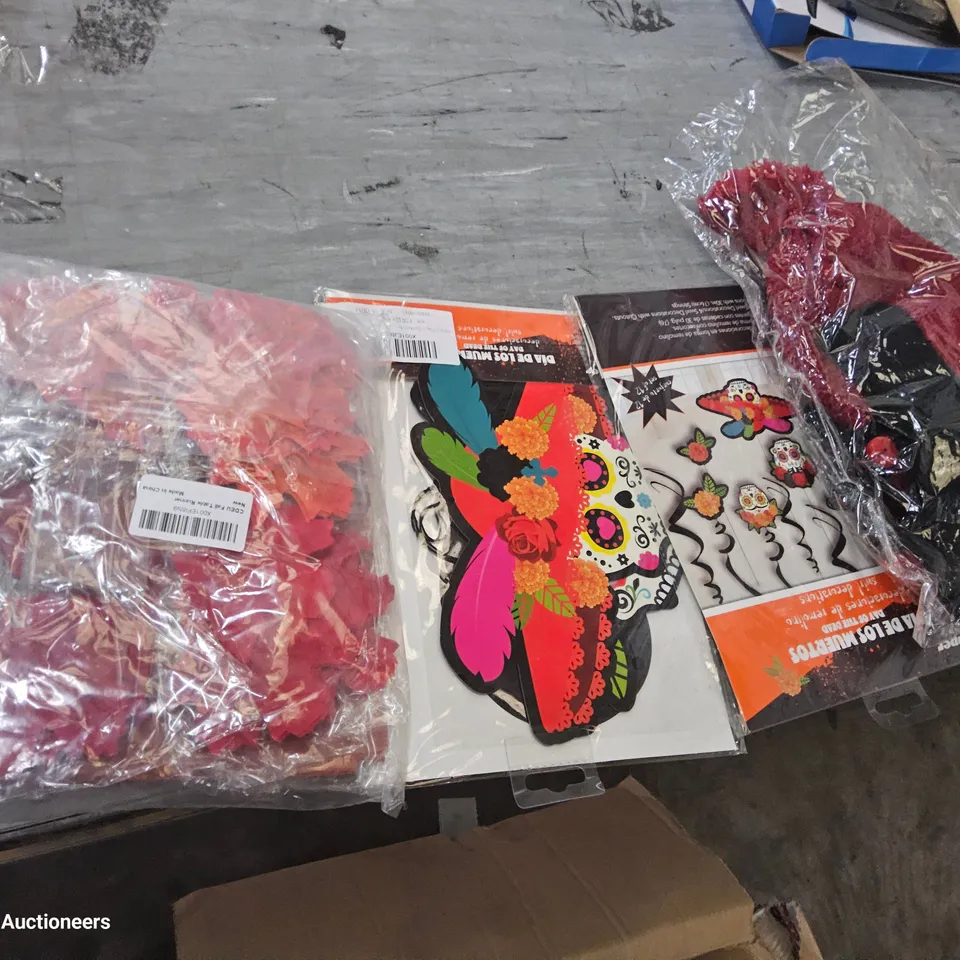 BOX OF ASSORTED ITEMS INCLUDING, HALOWEEN MOBILES, KNITTED HAT & SCALF SETS, TABLE RUNNERS.