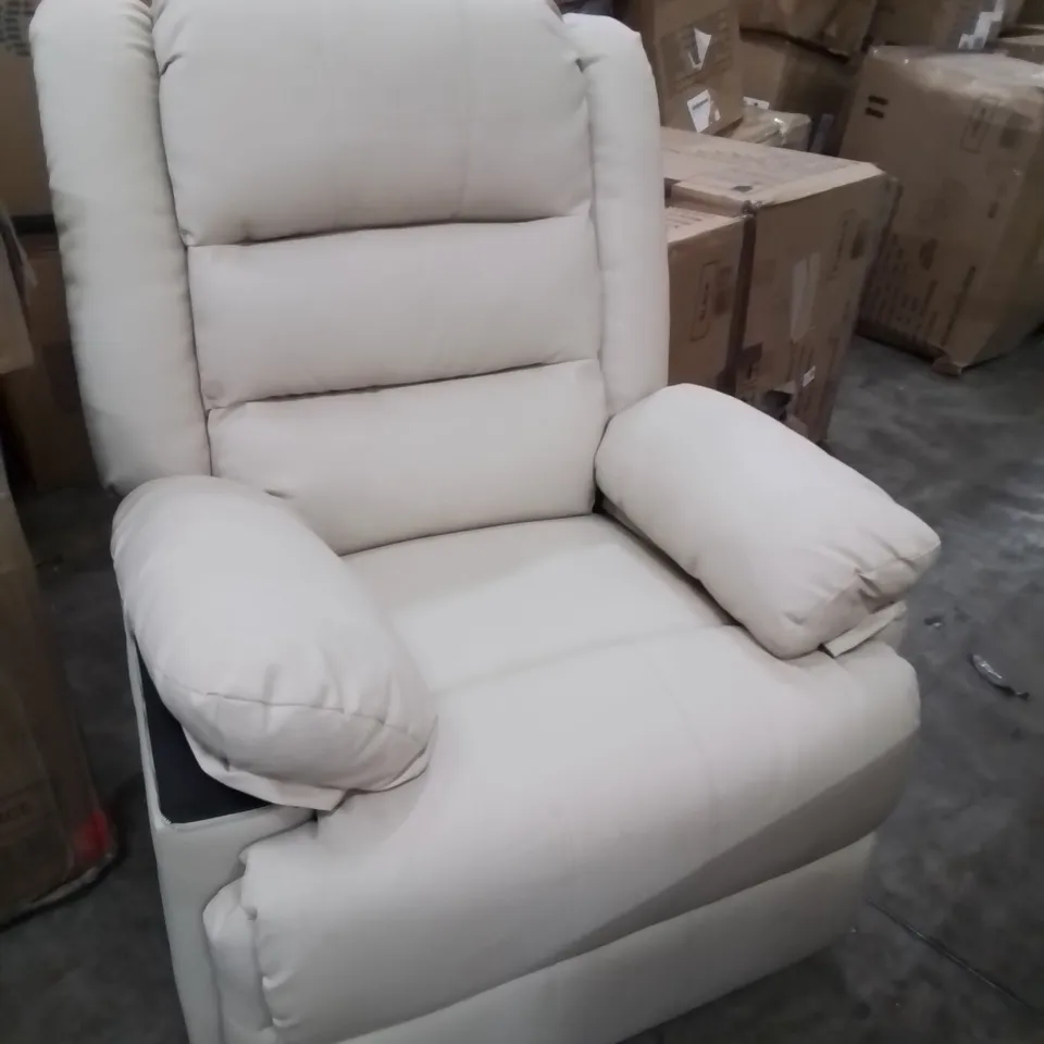 DESIGNER  ANUAL RECLINING EASY CHAIR LIGHT GREY FAUX LEATHER 