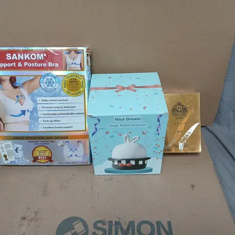 LARGE QUANTITY OF ASSORTED ITEMS TO INCLUDE SUPPORT & POSTURE BRA, MAGIC RABBIT PROJECTOR, MAJESTIC PARFUM FOR HIM, ETC - COLLECTION ONLY