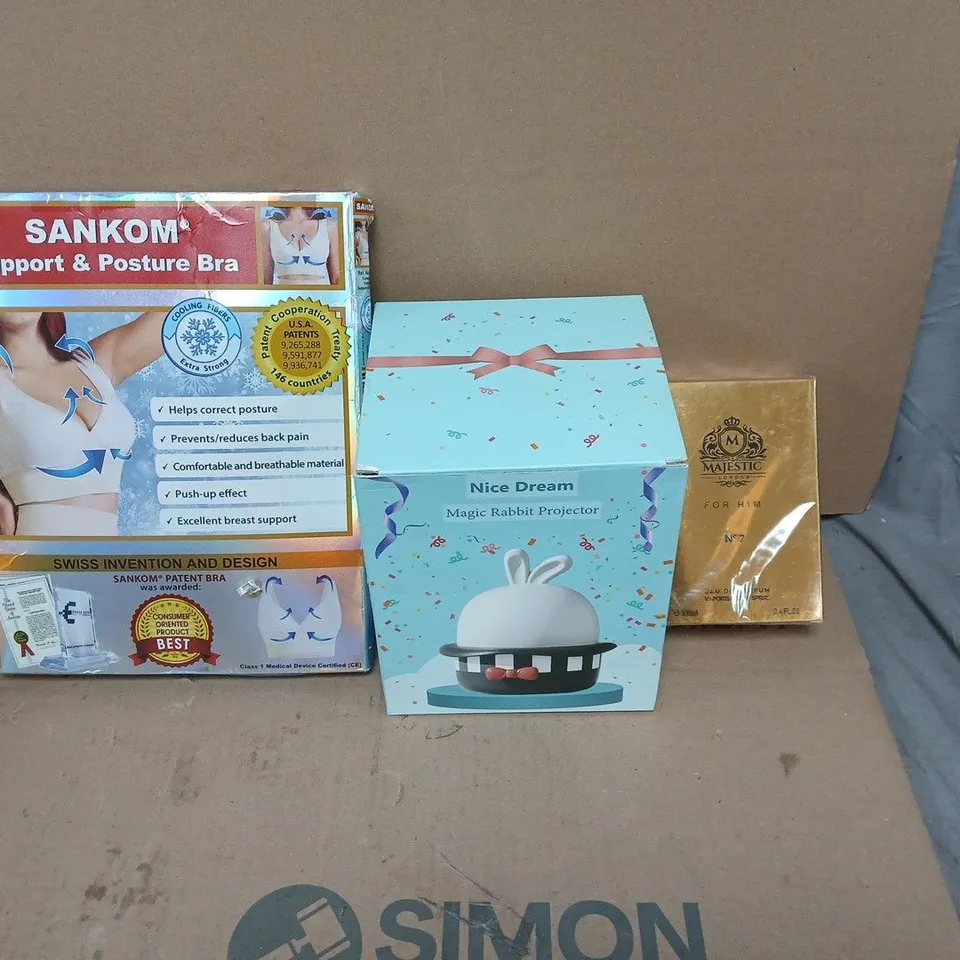 LARGE QUANTITY OF ASSORTED ITEMS TO INCLUDE SUPPORT & POSTURE BRA, MAGIC RABBIT PROJECTOR, MAJESTIC PARFUM FOR HIM, ETC - COLLECTION ONLY