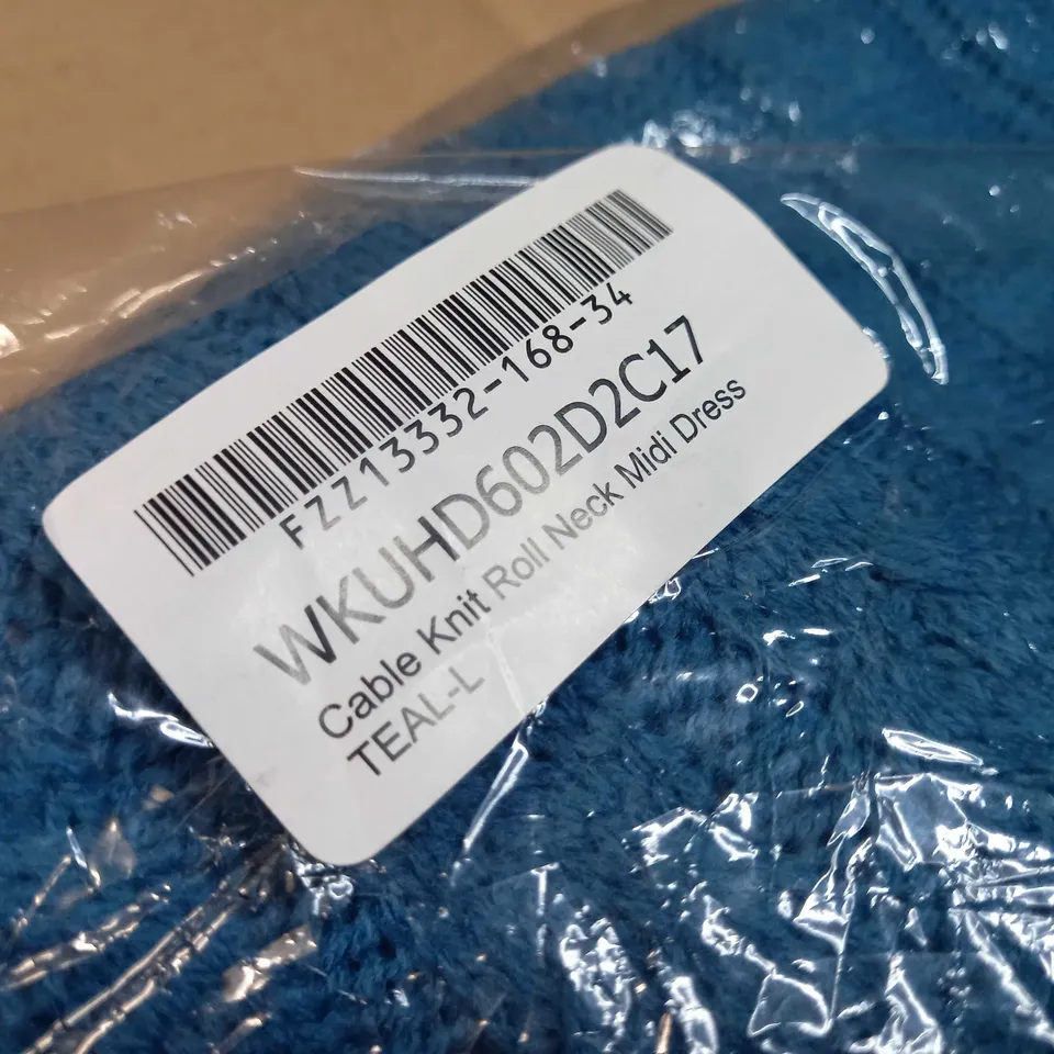 PACKAGED BOOHOO TEAL KNITTED ROLL NECK MIDI DRESS - LARGE