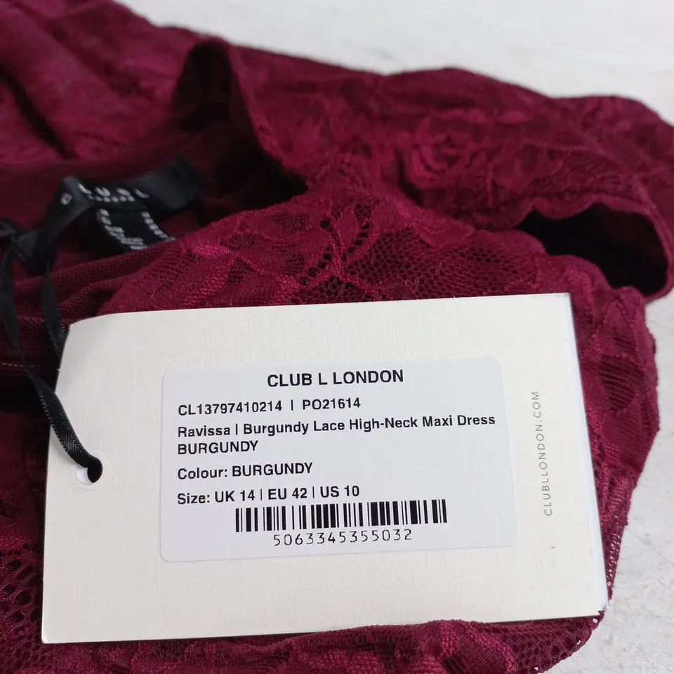 CLUB L LONDON RAVISSA BURGUNDY LACE HIGH-NECK MAXI DRESS – UK 14