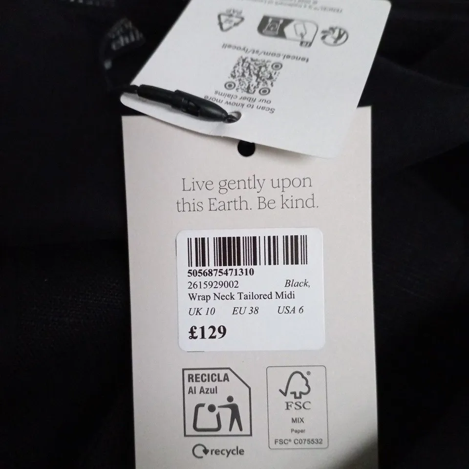 NOBODY'S CHILD BLACK WRAP-NECK TAILORED MIDI DRESS, UK 10