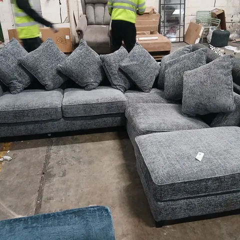 DESIGNER GREY FABRIC CORNER SOFA WITH SCATTERBACK CUSHIONS AND FOOTSTOOL