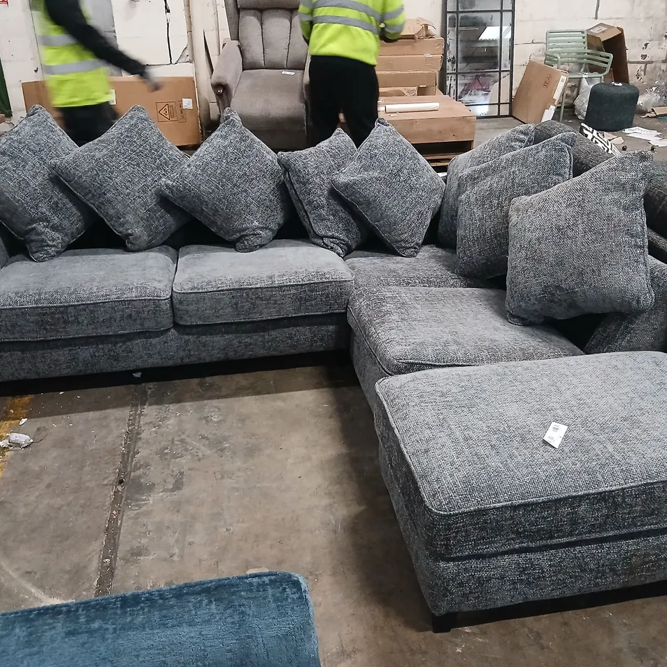 DESIGNER GREY FABRIC CORNER SOFA WITH SCATTERBACK CUSHIONS AND FOOTSTOOL