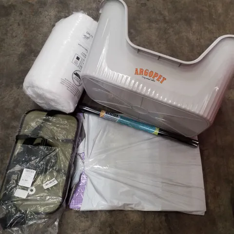 PALLET OF ASSORTED PRODUCTS INCLUDING ARGO PET LITTER BOX, HOBBY CUTTING MAT, FISHING BUCKET, 13.5 TOG KING DUVET, WINDOW FILM 