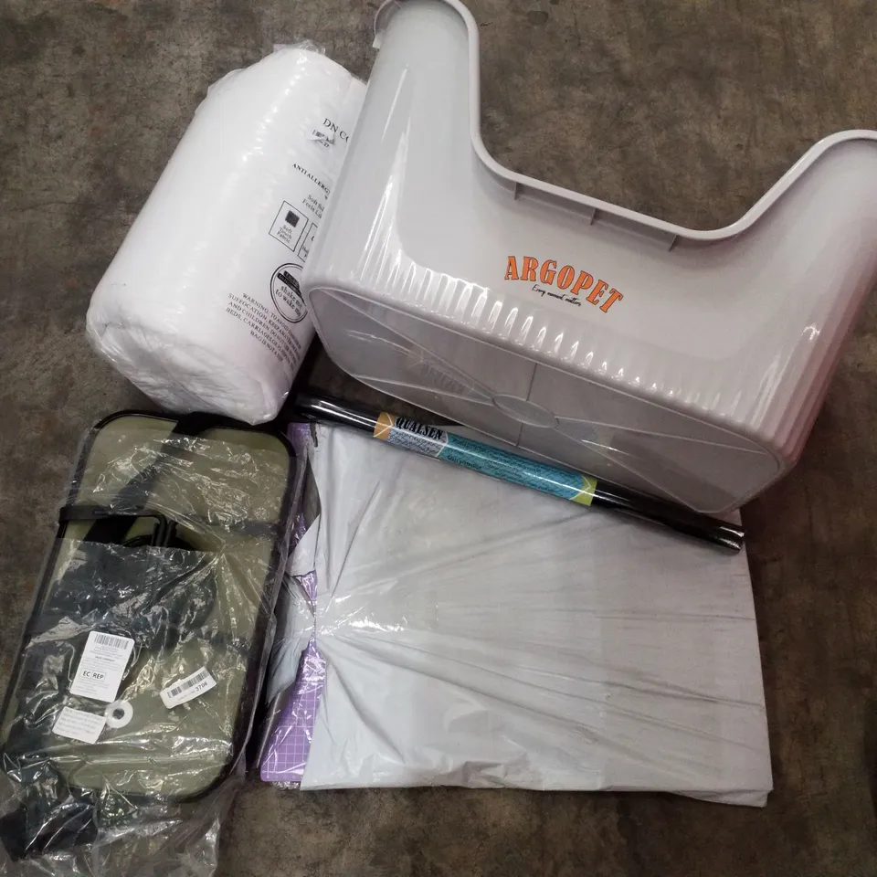 PALLET OF ASSORTED PRODUCTS INCLUDING ARGO PET LITTER BOX, HOBBY CUTTING MAT, FISHING BUCKET, 13.5 TOG KING DUVET, WINDOW FILM 