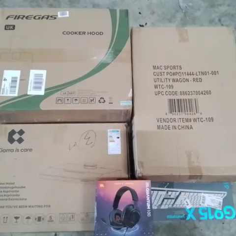 PALLET TO CONTAIN AN ASSORTMENT OF HOUSEHOLD ITEMS TO INCLUDE COOKER HOOD, UTILITY WAGON, JBL GAMING HEADPHONES AND WIRELESS KEYBOARD ECT