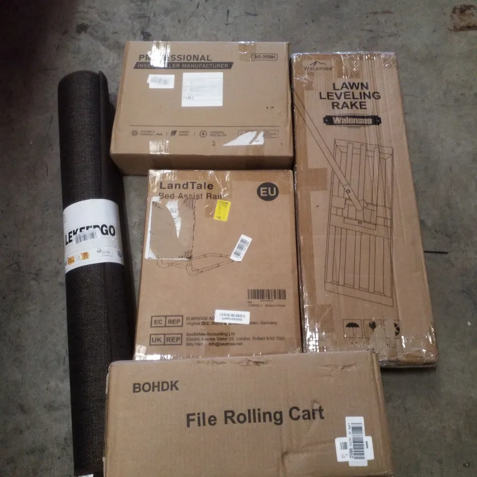 PALLET CONTAINING ASSORTED PRODUCTS INCLUDING LAWN LEVELLING RAKE, INSECT KILLER, FILE ROLLING CART, BED ASSIST RAIL & RUG
