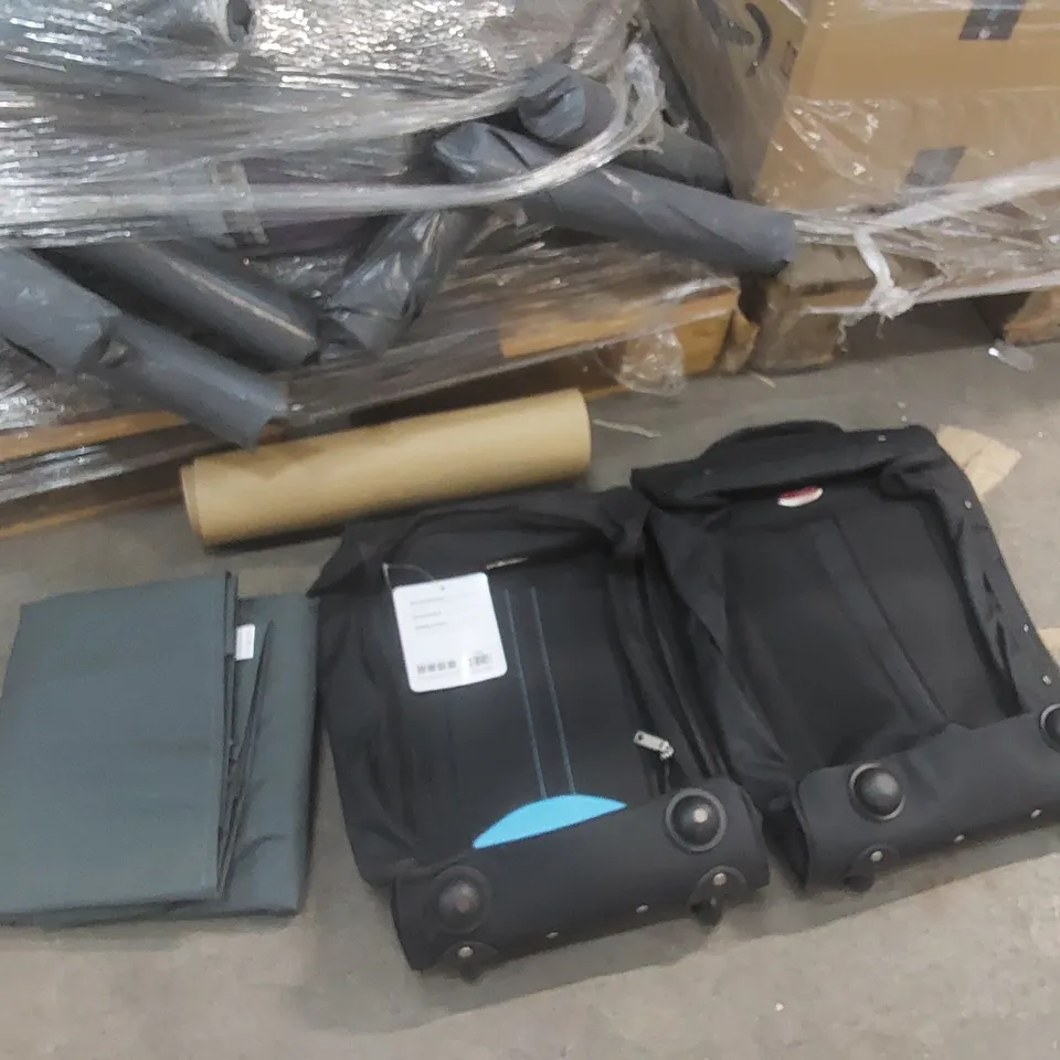 PALLET OF ASSORTED ITEMS TO INCLUDE: KEPLIN LUGGAGE BAGS, ROLLS OF BROWN PAPER