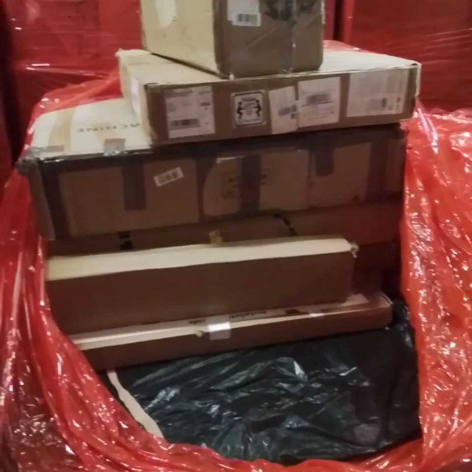 PALLET OF ASSORTED HOUSEHOLD GOODS AND PRODUCTS TO INCLUDE;BREAKER HAMMER,SHOE RACK,RUG