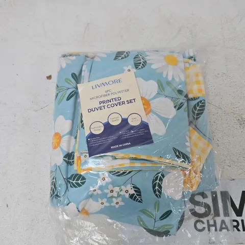LIVMORE PRINTED DUVET COVER SET – 4-PIECE, MICROFIBER POLYESTER, BLUE FLORAL