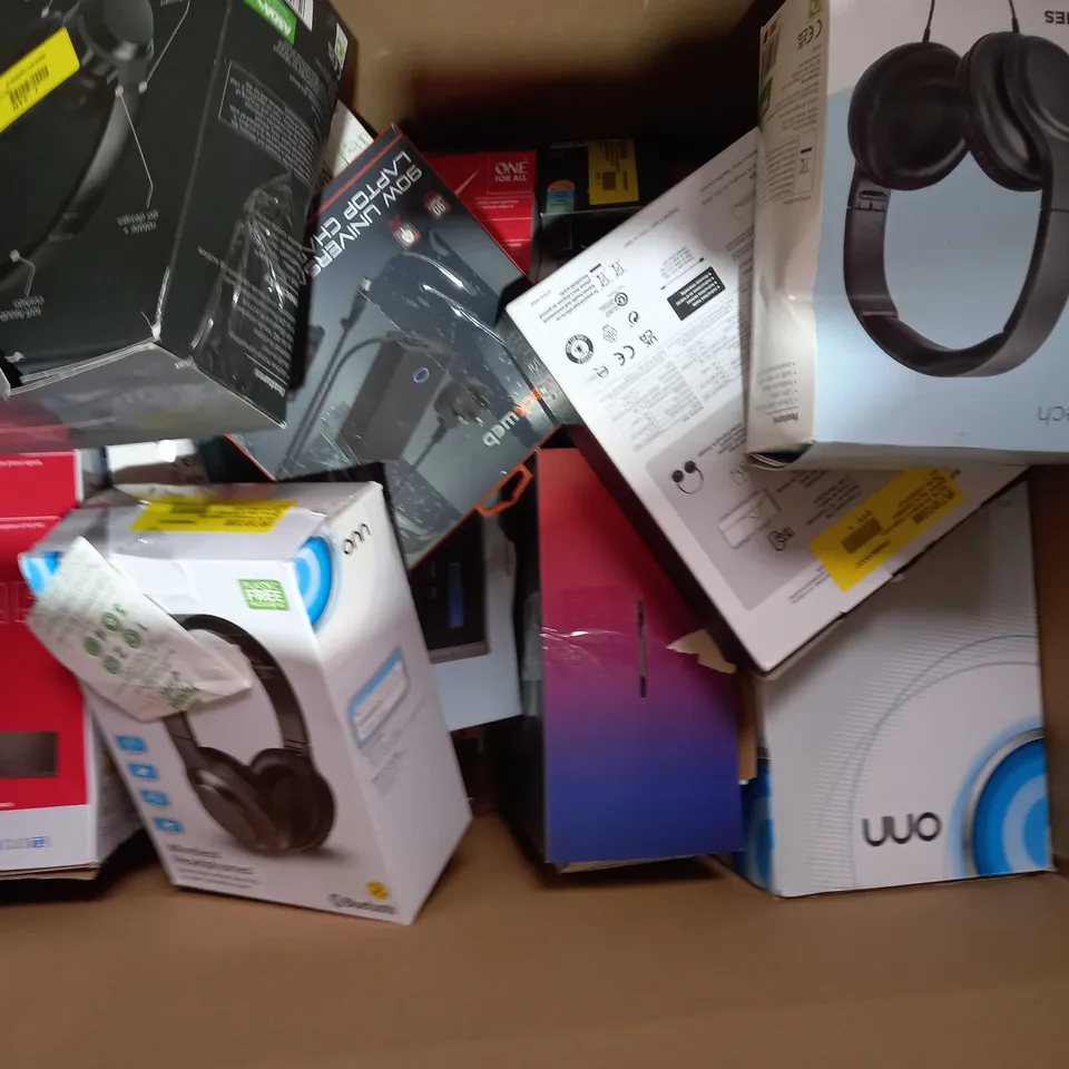 BOX OF APPROXIMATELY 20 ASSORTED ELECTRICAL ITEMS TO INCLUDE ASDA TECH WIRELESS EARBUDS, MIXX TYPE C TO USB CABLE, MIXX RX1 WIRELESS HEADPHONES, ETC