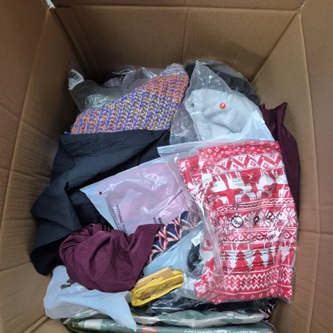 LARGE BOX OF ASSORTED CLOTHING ITEMS IN VARIOUS SIZES, STYLES AND COLOUR 