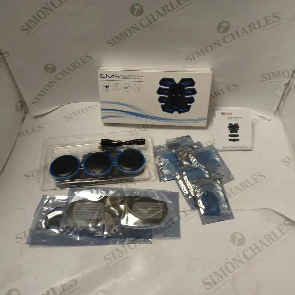 BOXED EMS INTELLIGENT PULSE ABDOMEN DEVICE WITH ACCESSORIES, USB CABLE AND USER MANUAL