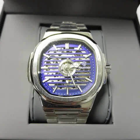 MENS VONLANTHEN AUTOMATIC WATCH WITH BLUE SKELETON DIAL FACE AND STAINLESS STEEL STRAP IN GIFT BOX