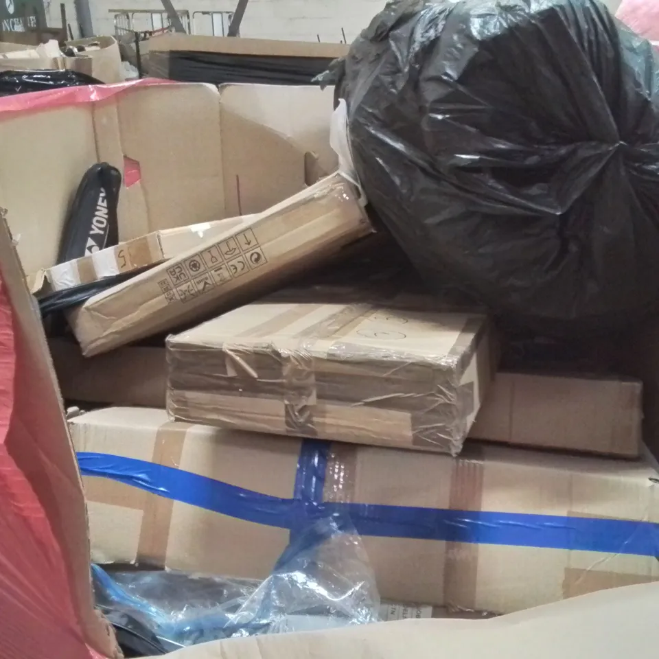 PALLET OF ASSORTED HOUSEHOLD GOODS AND PRODUCTS TO INCLUDE; SPORTS ITEMS, WOK PAN, BOXED FURNITURE ETC 