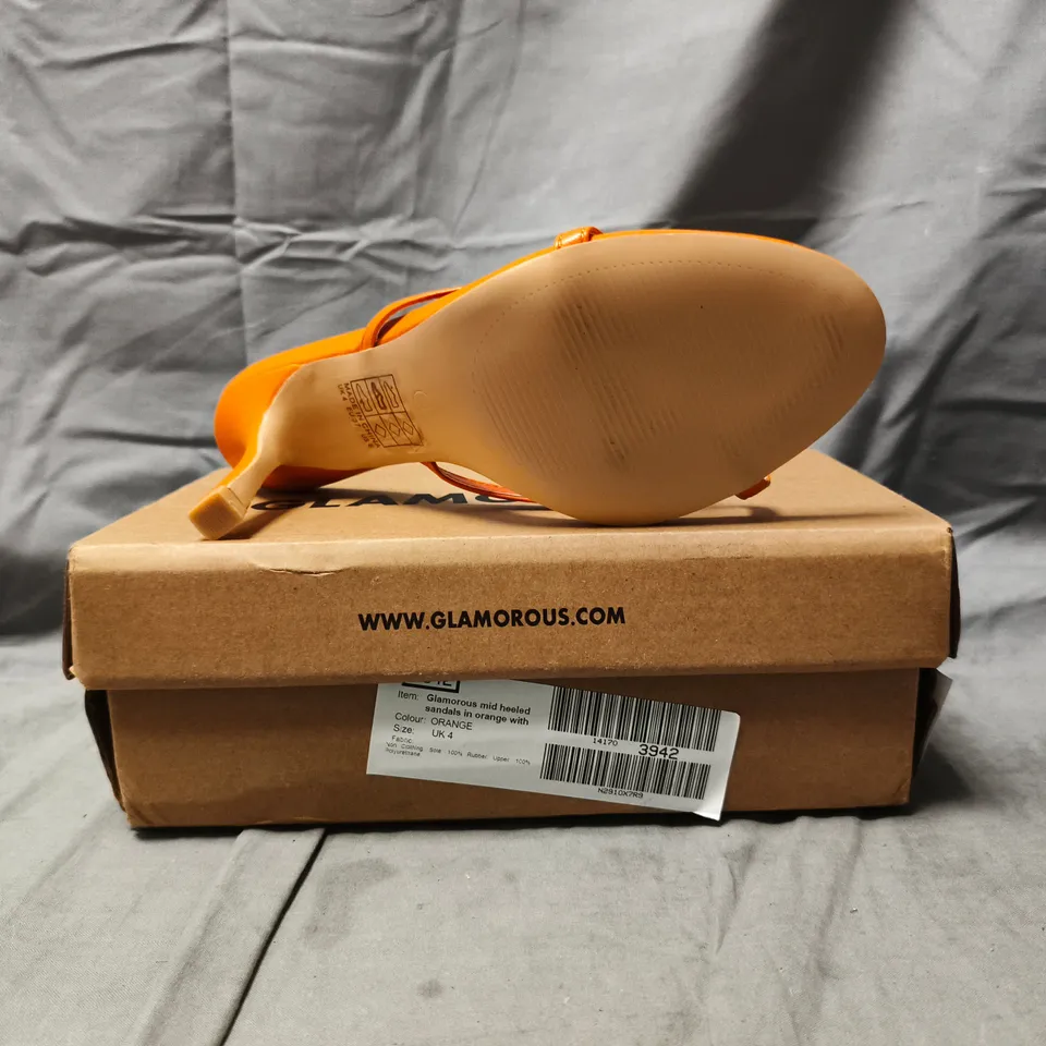 BOXED PAIR OF GLAMOROUS MID HEELED SANDALS IN ORANGE W. JEWEL CRAB DETAIL SIZE UK 4