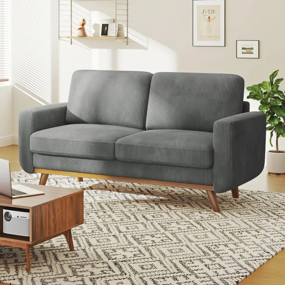 BOXED MODERN CORDUROY 2 SEATER SOFA NO TOOLS REQUIRED INSTALLATION WITH SOLID WOOD FRAME - DARK GREY (1 BOX)