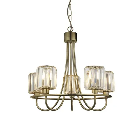 BOXED BERENICE 5 LIGHT PENDANT ANTIQUE BRASS PLATE AND CLEAR GLASS