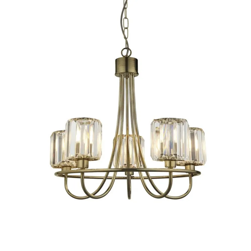 BOXED BERENICE 5 LIGHT PENDANT ANTIQUE BRASS PLATE AND CLEAR GLASS