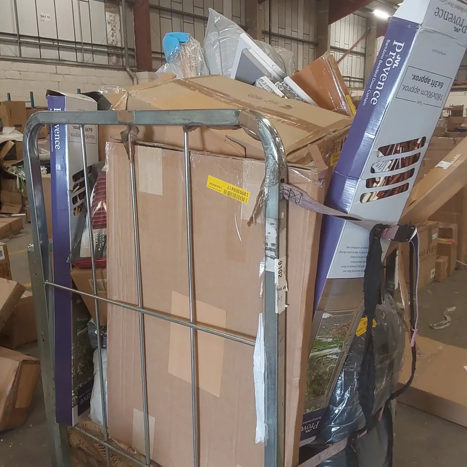 CAGE CONTAINING A VERY LARGE QUANTITY OF ASSORTED ITEMS INCLUDING: BAMBOO BEADED DOOR CURTAIN, CURTAINS, ARTWORK, FANLIGHT ECT // CAGE NOT INCLUDED