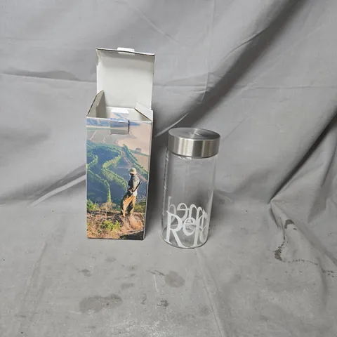 CLEAR GLASS WATER BOTTLE WITH STAINLESS STEEL LID – BOXED