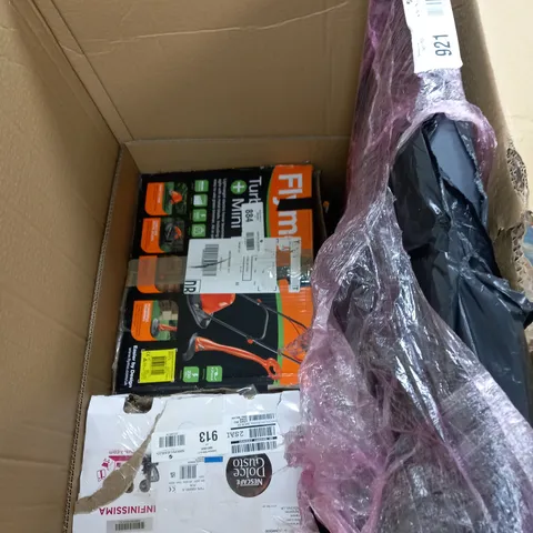 BOX OF 4 ASSORTED ITEMS TOO INCLUDE HEATER , LAWNMOWER AND COFFEE MACHINE - COLLECTION ONLY